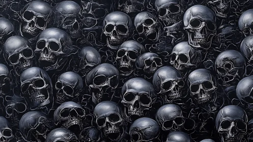 Monochrome metallic skull field in dense repeating relief pattern.