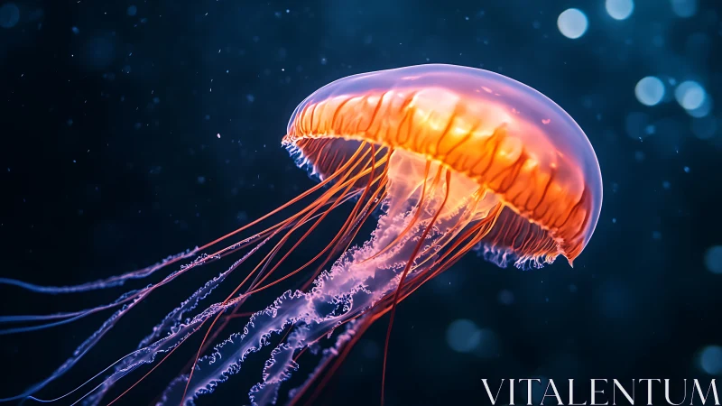 Translucent jellyfish drifts through dark blue ocean water