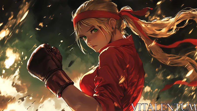 Fierce blonde fighter in red shirt and gloves mid punch.