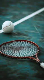 Quiet court moment with resting racket and worn tennis ball.