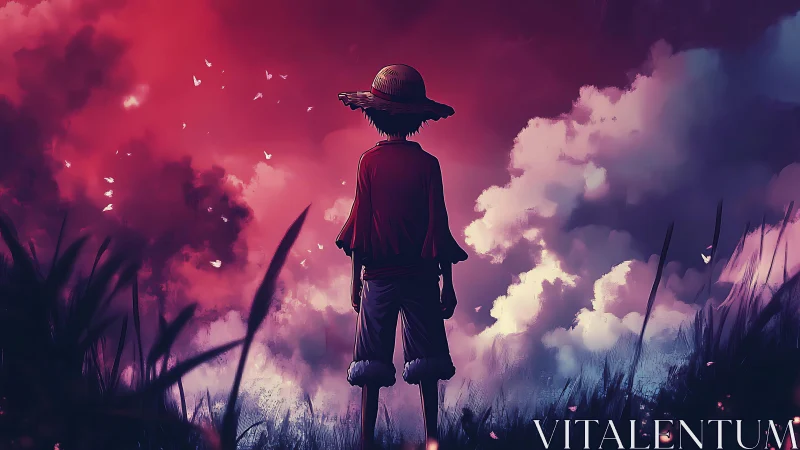 Straw-hat wanderer gazes into glowing crimson clouds at dusk.