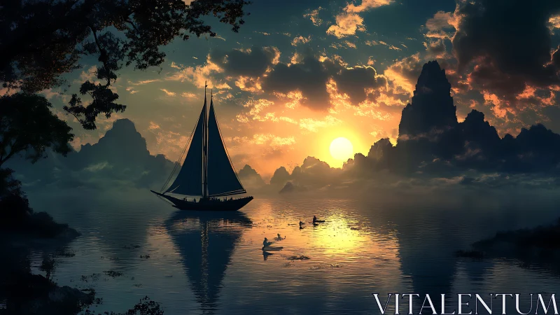 Golden sunset welcomes a quiet sail through misty peaks