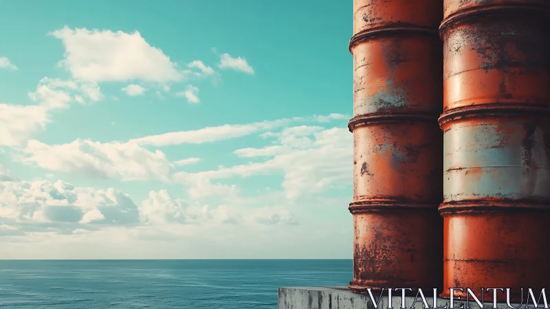 Rusty ocean drums leaning into a turquoise sky hush.