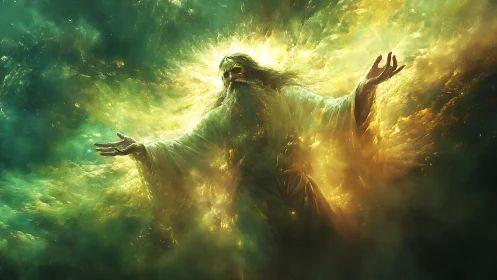 Radiant robed figure emerging from turbulent luminous nebula field