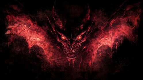 Digital painting of demonic red visage with flanking spectral forms.