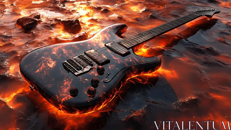 Electric guitar with lava-textured body on molten surface.