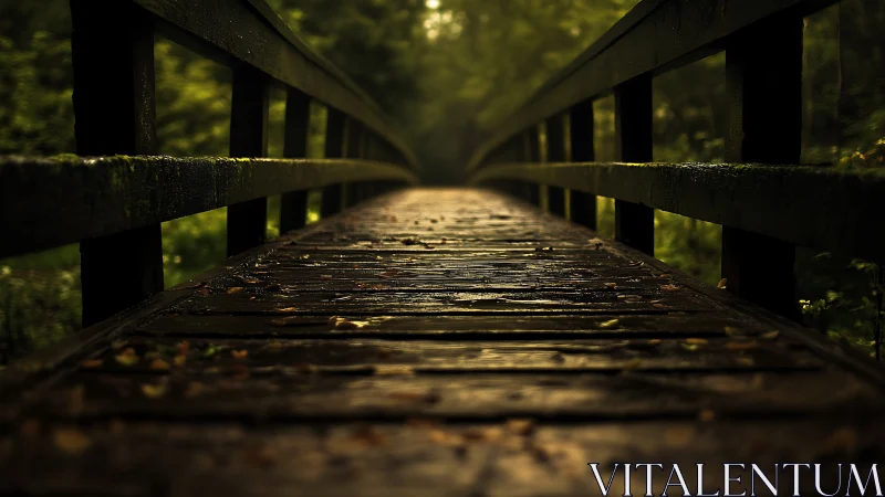 Inviting wooden forest bridge after gentle afternoon rain.
