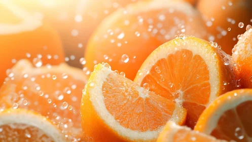 Close-up of juicy orange slices with splashing water.