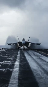 Powerful jet waits on carrier deck as mist rises dramatically