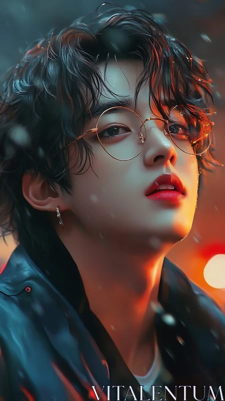 Moody youth portrait under neon and rain-soaked glow.