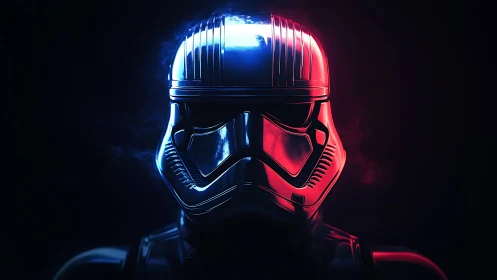 Chrome sci‑fi trooper helmet in dramatic neon split lighting.
