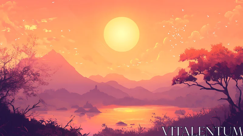 Sunlit valley lake glowing in gentle peach and rose light.