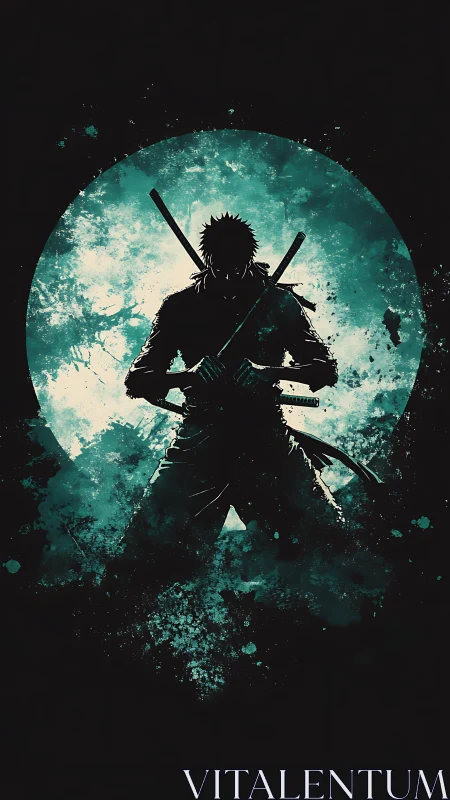 Silhouetted swordsman against teal moon splash backdrop.