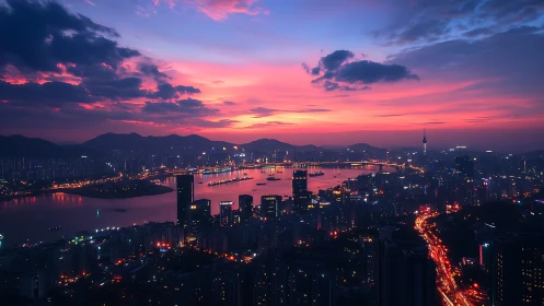 Twilight metropolis skyline with neon-lit riverfront arteries.