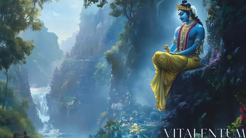 Divine blue figure meditating above misty temple valley.