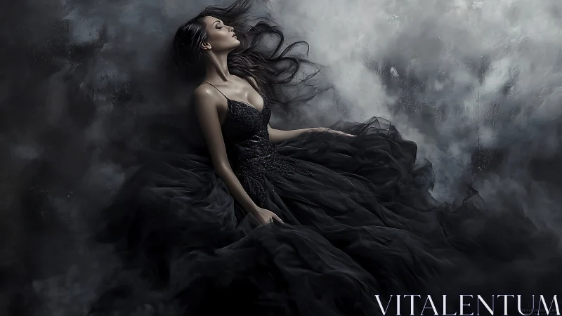 Elegant woman in black gown reclines in moody swirling mist