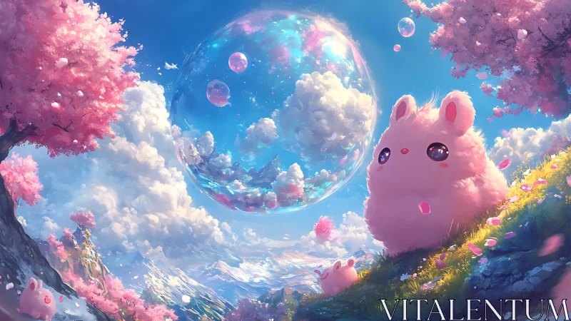 Cotton candy critters gaze at a floating pastel bubble world