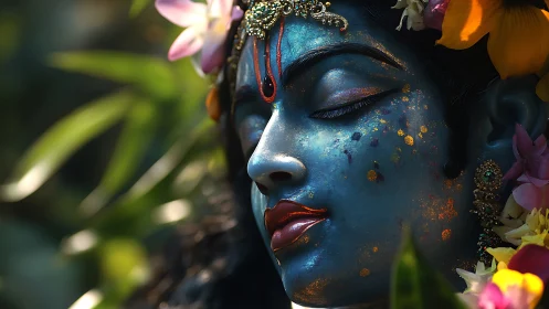 Divine blue portrait glows with floral gold shimmer.