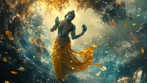 Golden robed deity dances gracefully in a glowing forest realm