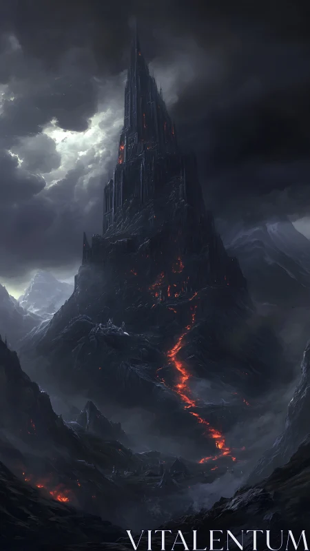 Brooding dark tower looms over a lava-lit mountain path