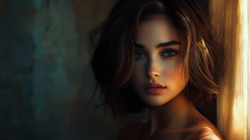 Cinematic close portrait of freckled woman in rim lighting