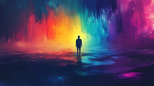 Solitary dreamer walking into a radiant rainbow horizon.