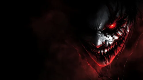 Monochrome demonic face with red glowing eye in darkness.