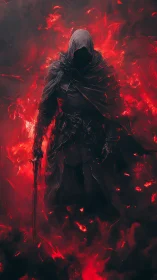 Hooded void knight emerging from volumetric crimson combustion.