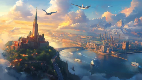 Digital painting of neo-gothic river citadel and luminous skyline.