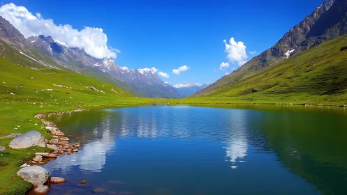 Mountain lake rests in vivid green valley beneath clear sky