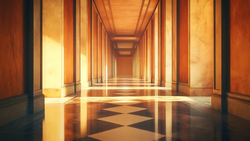 Sunlit neoclassical corridor with high contrast linear perspective
