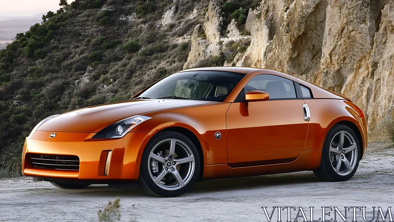 Sunlit orange sports coupe pausing by rugged mountain cliffs.