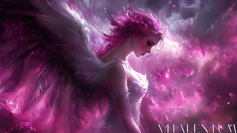 Ethereal winged maiden in luminous magenta atmospheric bloom.