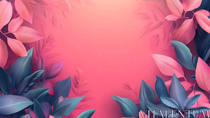 Tropical foliage border in pink teal gradient illumination.