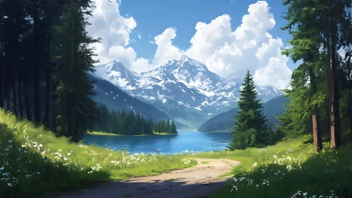 Mountain lake glows beneath towering snowy peaks in spring