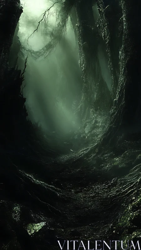 Subterranean Canyon with Luminescent Moss Growth and Ethereal Atmospheric Haze.