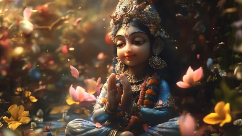 Divine child idol in luminous floral garden meditation.