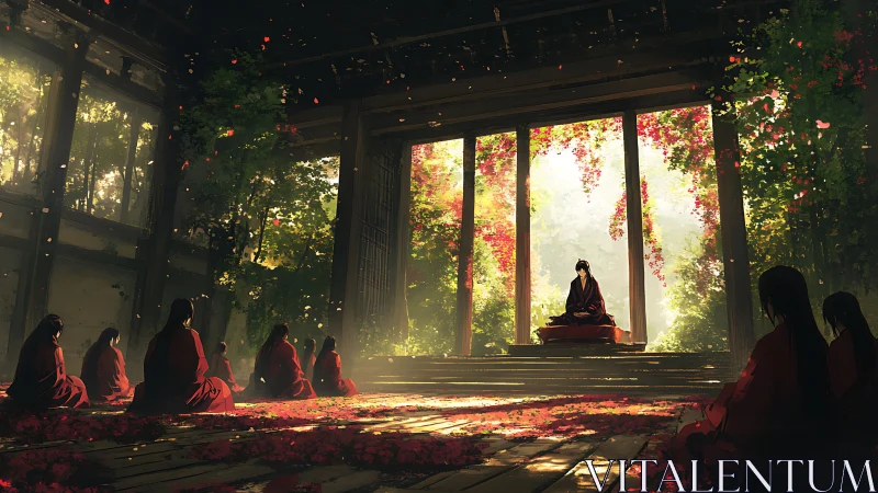 Monks gathered in forest hall around seated master figure.