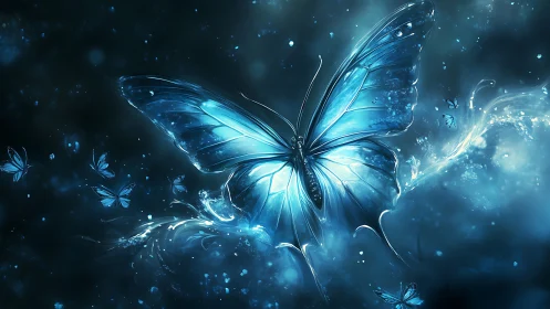Bioluminescent blue butterfly rendered in high contrast particle bloom