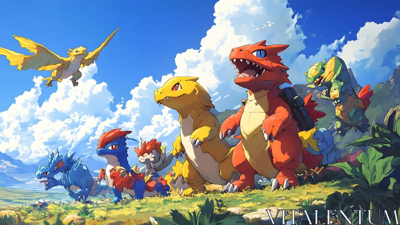 Brave dinosaur companions stride together under a bright sky