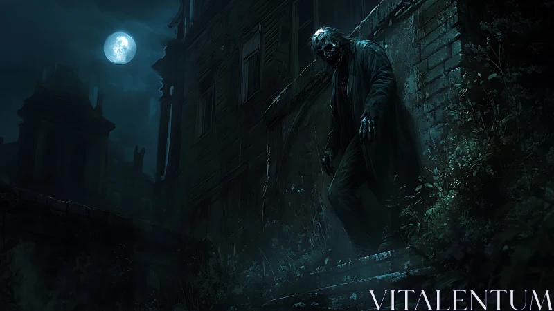 Moonlit decayed figure on steps beside abandoned building.