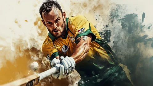 Cricket slugger exploding from splattered storm of color.