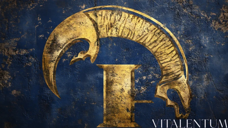 Weathered golden ram emblem on distressed blue wall.
