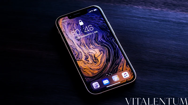 Modern smartphone with liquid marble wallpaper against dark surface
