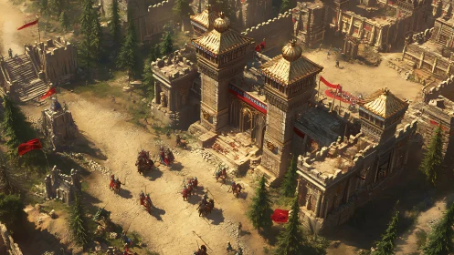 Medieval fantasy fortress with cavalry entering gate.