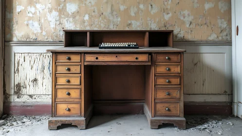 Vintage wooden desk with typewriter in decayed room.