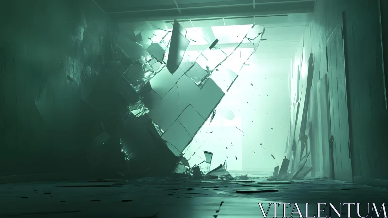 Surreal Shattered Glass Explosion in Futuristic Green Hallway.