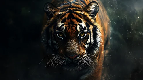 Stalking tiger emerges from shadow with fierce, burning gaze