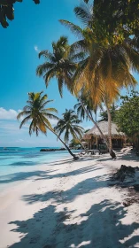 Tropical Beach with Palm Trees and Thatched Structures.