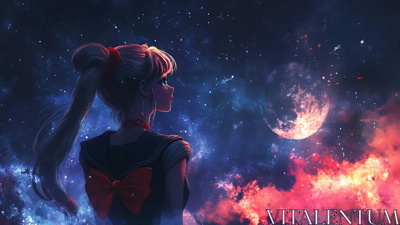 Starlit anime heroine gazes toward burning lunar horizon.